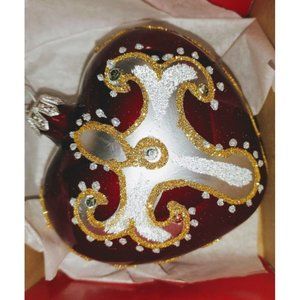 Hand Blown & Painted Red Glass Heart Fleur-de-lis 3" Made in Poland NIB